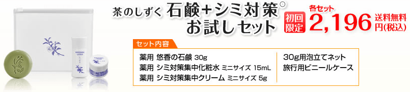 HP限定　茶のしずく　石鹸＋シミ対策〇お試しセット【初回限定】2,196円（税込）送料無料